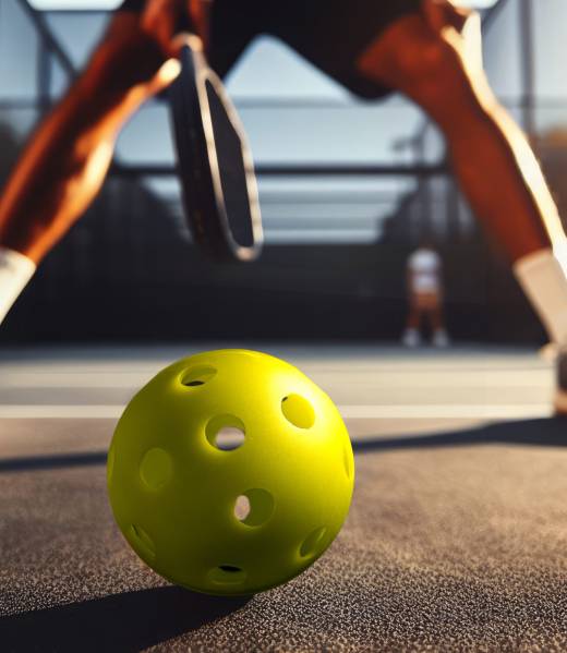 Close up of a pickleball ball on court. Selective focus. Pickleball is America fastest growing sport